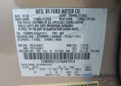 2007 Ford Freestyle Sel z USA, uszkodzony, nr VIN 1FMDK05157GA41914